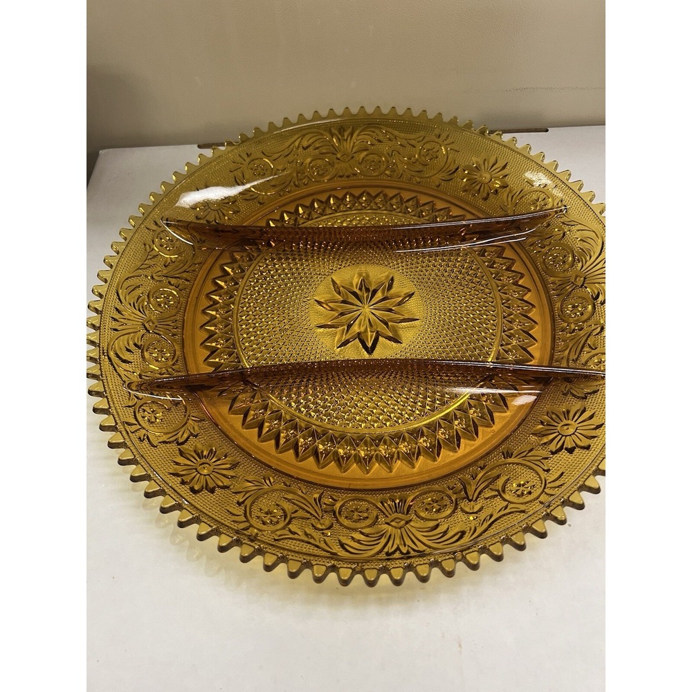 Vtg Tiara Indiana Sandwich Pattern Amber Round Divided Vegetable Platter (897) - Picture 5 of 10